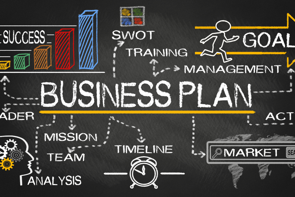 startup business plan drawn on a chalkboard