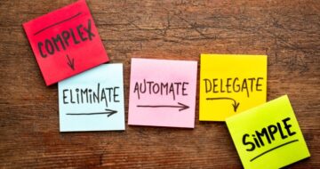 sticky notes in order from complex, eliminate, automate, delegate to simple, representing task management