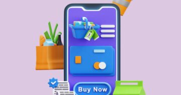 a phone with a buy now button, a blue cart, and different products, representing eCommerce sales