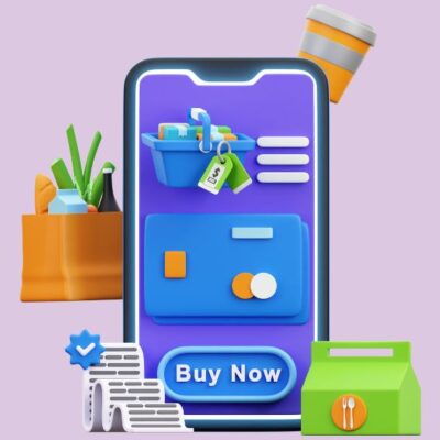 a phone with a buy now button, a blue cart, and different products, representing eCommerce sales
