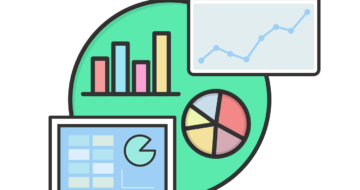 a computer with a pie chart, graph and statistics symbol, representing Content Management Software CMS