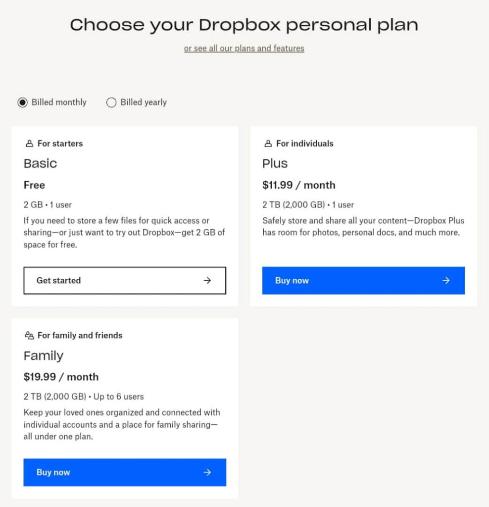 Dropbox pricing